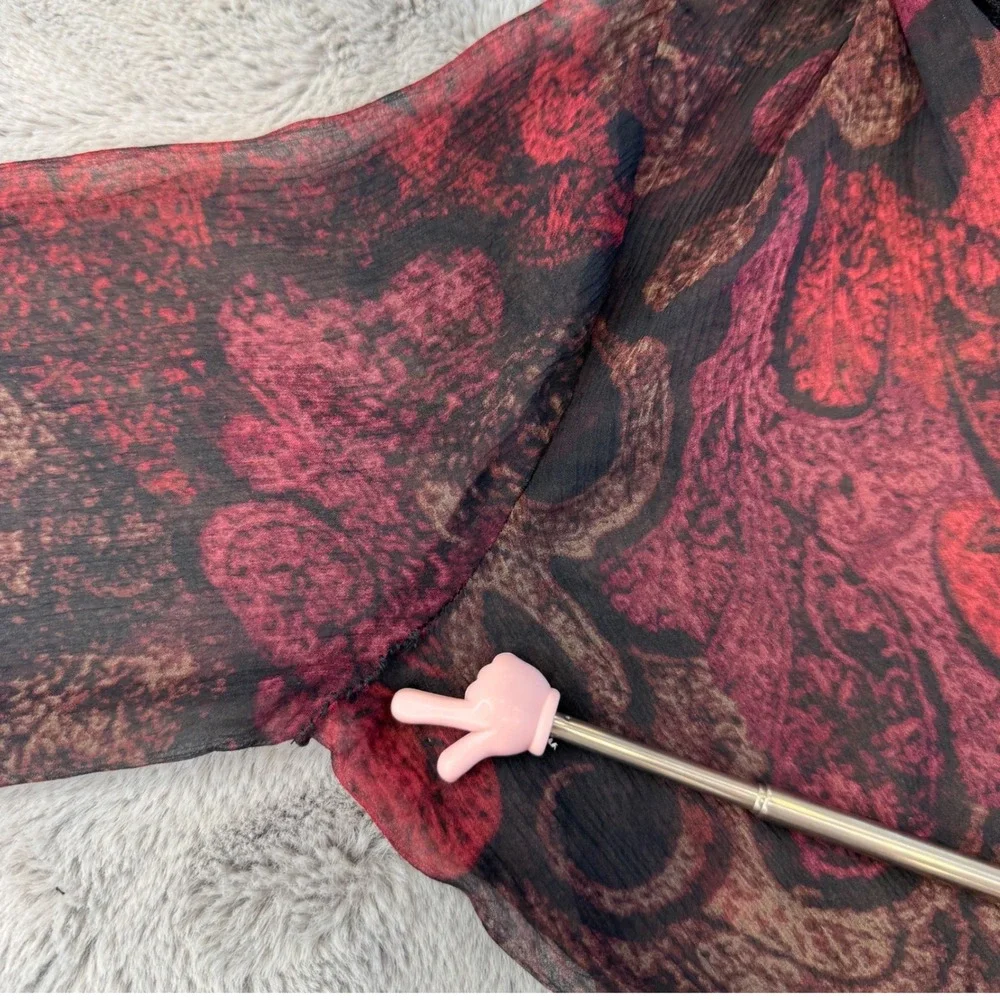 Tahari Women's Sz M Silk Sheer Ruffle Blouse Burgundy Black Victorian Gothic - Picture 8 of 16